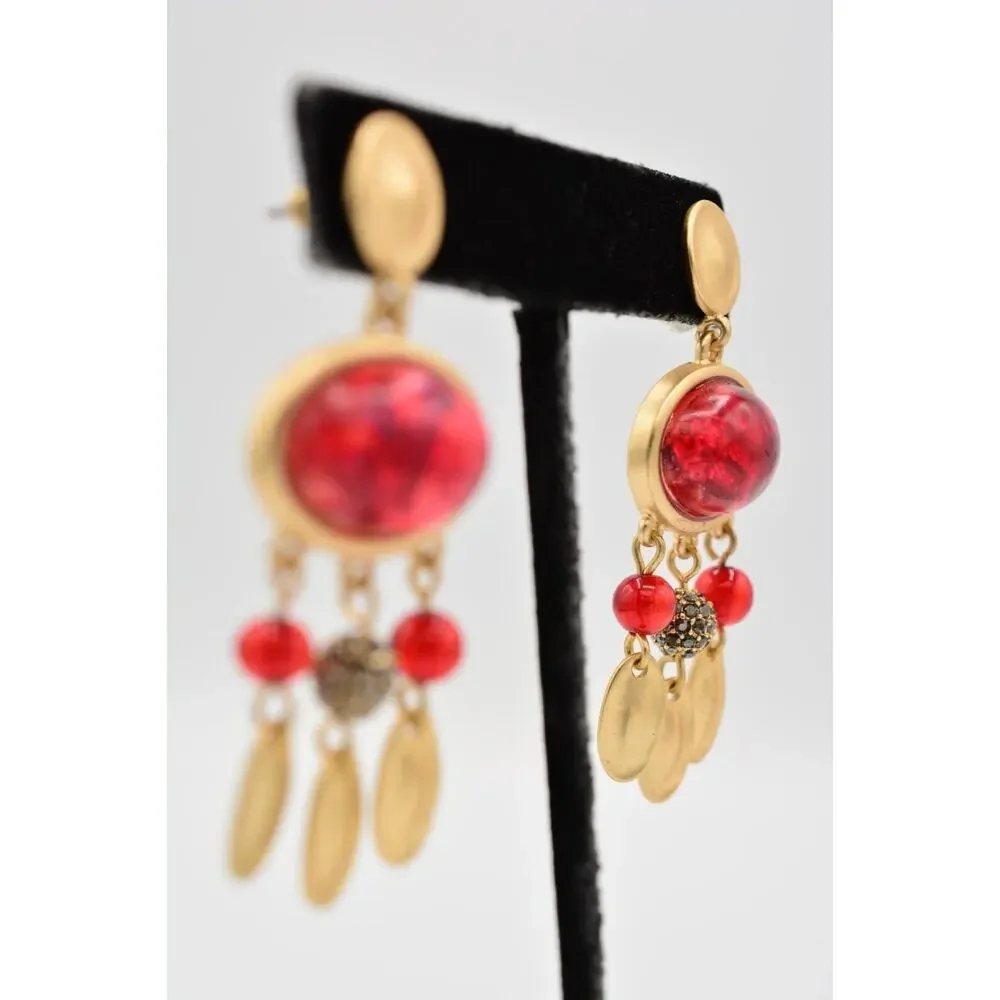 Statement Cabochon Dangle Earrings Red Lucite Brushed Gold Black Rhinestone 9L